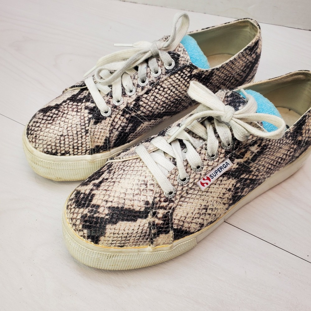 Superga 2790 Snakeskin Print Platform Sneakers Beige Black W 8.5 Edgy Neutral